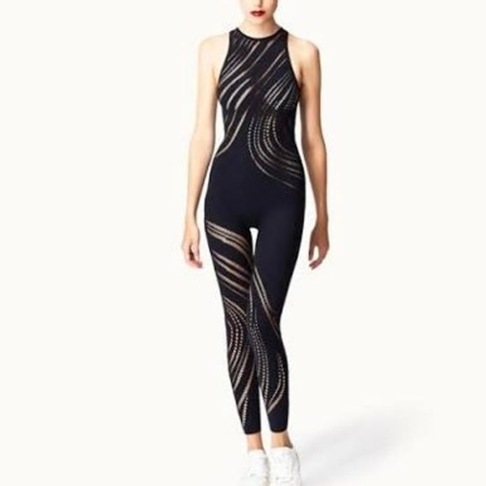 NEW Wolford Organic Net Jumpsuit Black Pointelle Seamless Open Back Size Small